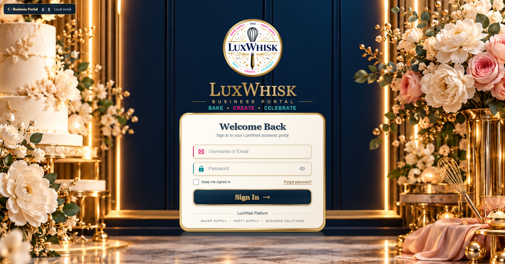 Approved LuxWhisk Business Portal login design, static image