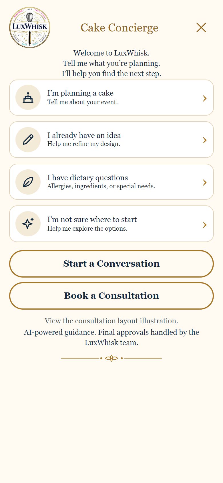 Mobile Cake Concierge with separate option titles and subtitles; person imagery omitted