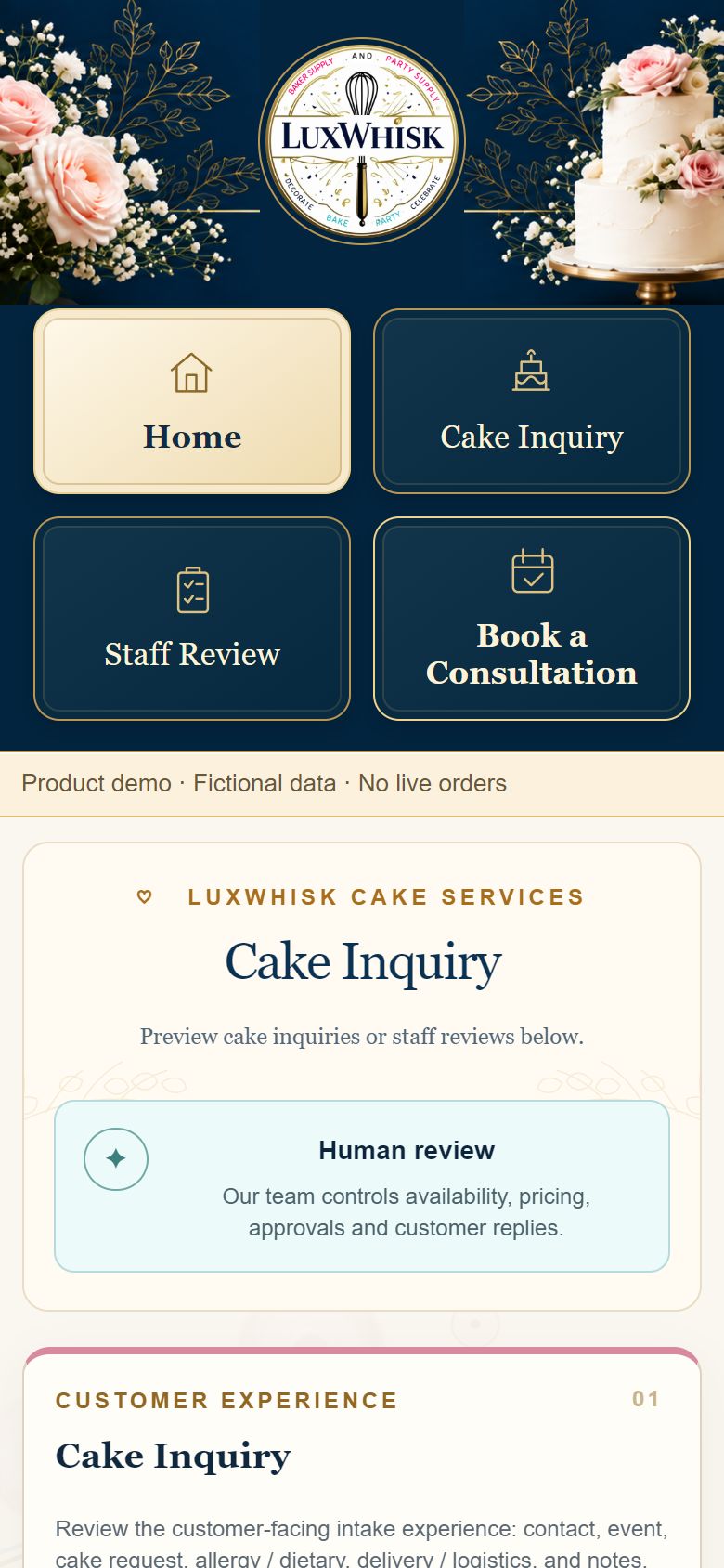 The current LuxWhisk product Home on mobile, without a floating portrait